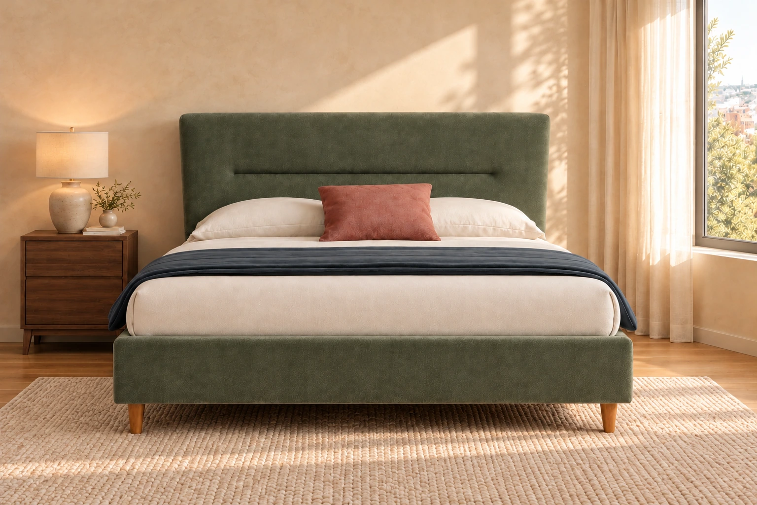 Letto Thea della linea Bedline in una camera luminosa dai toni caldi
