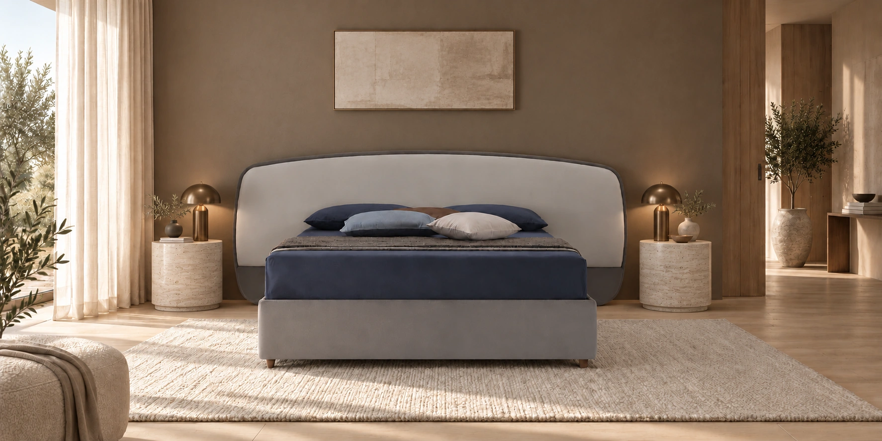 Letto Bahia in ambientazione tortora e travertino