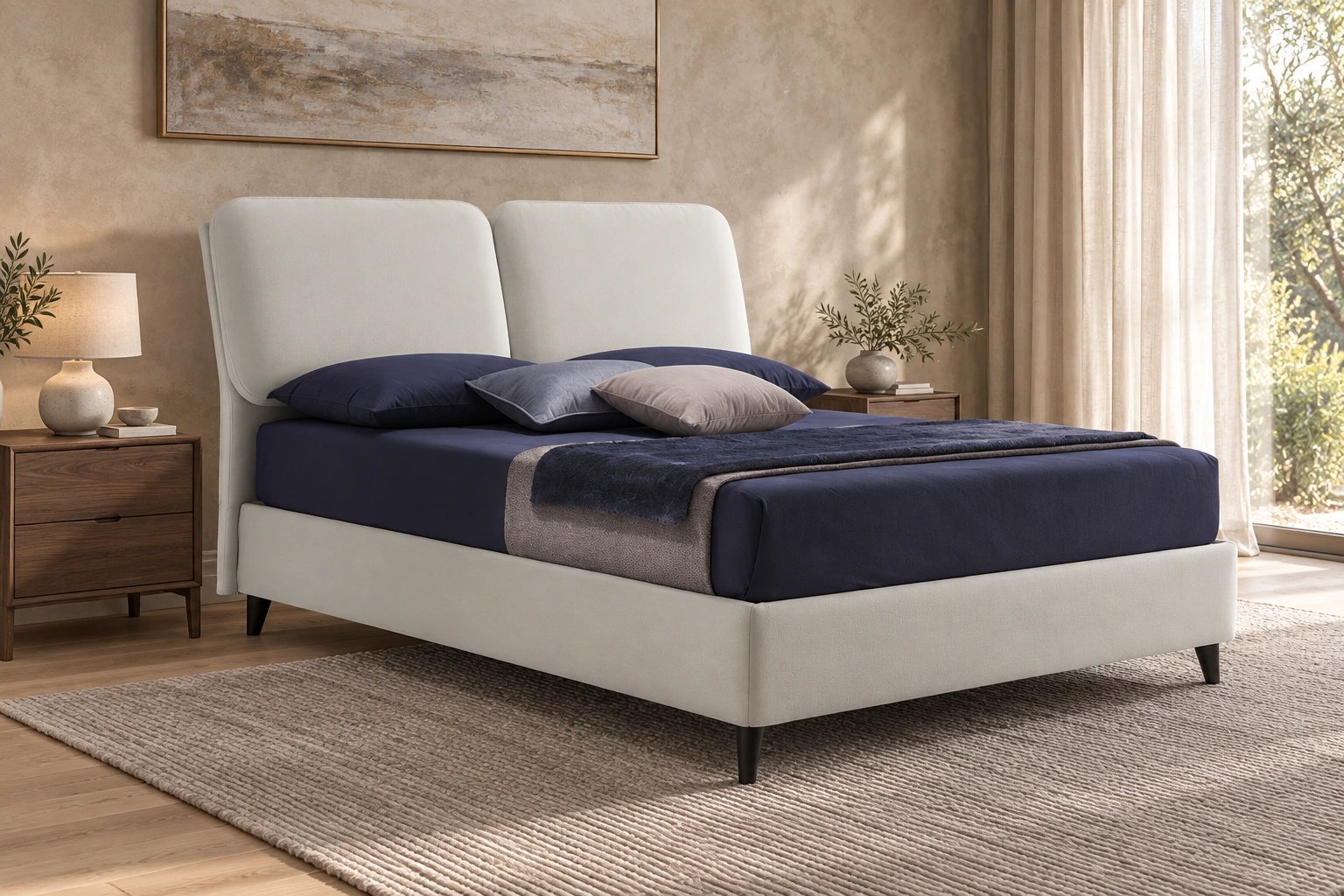 Letto Jole in una camera luminosa dai toni caldi e naturali
