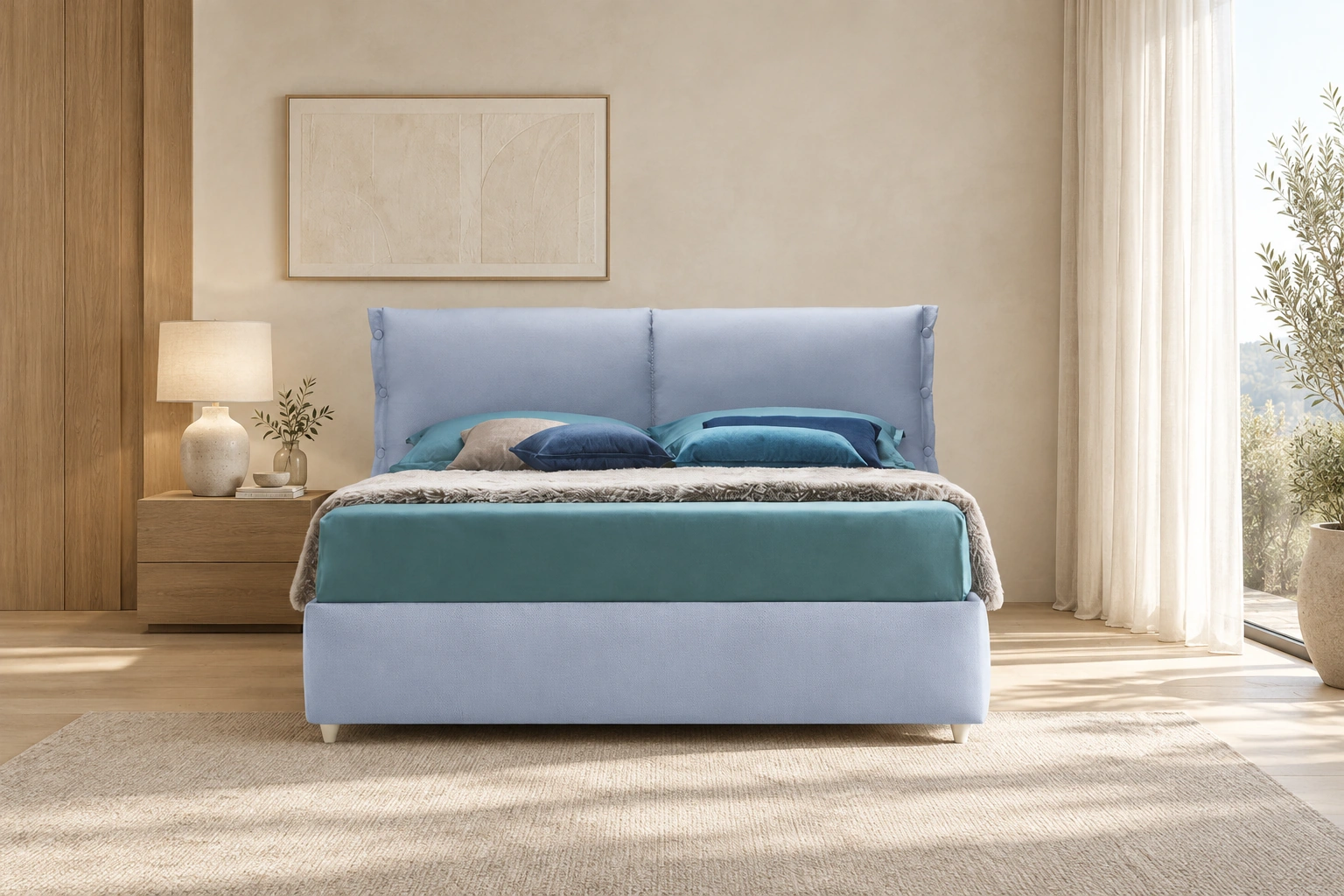Letto Olivia in una camera luminosa con pareti avorio e legno naturale