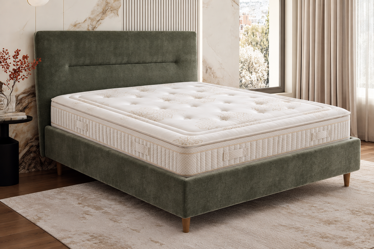 Cama Thea y colchón Bedline en un dormitorio de tonos naturales