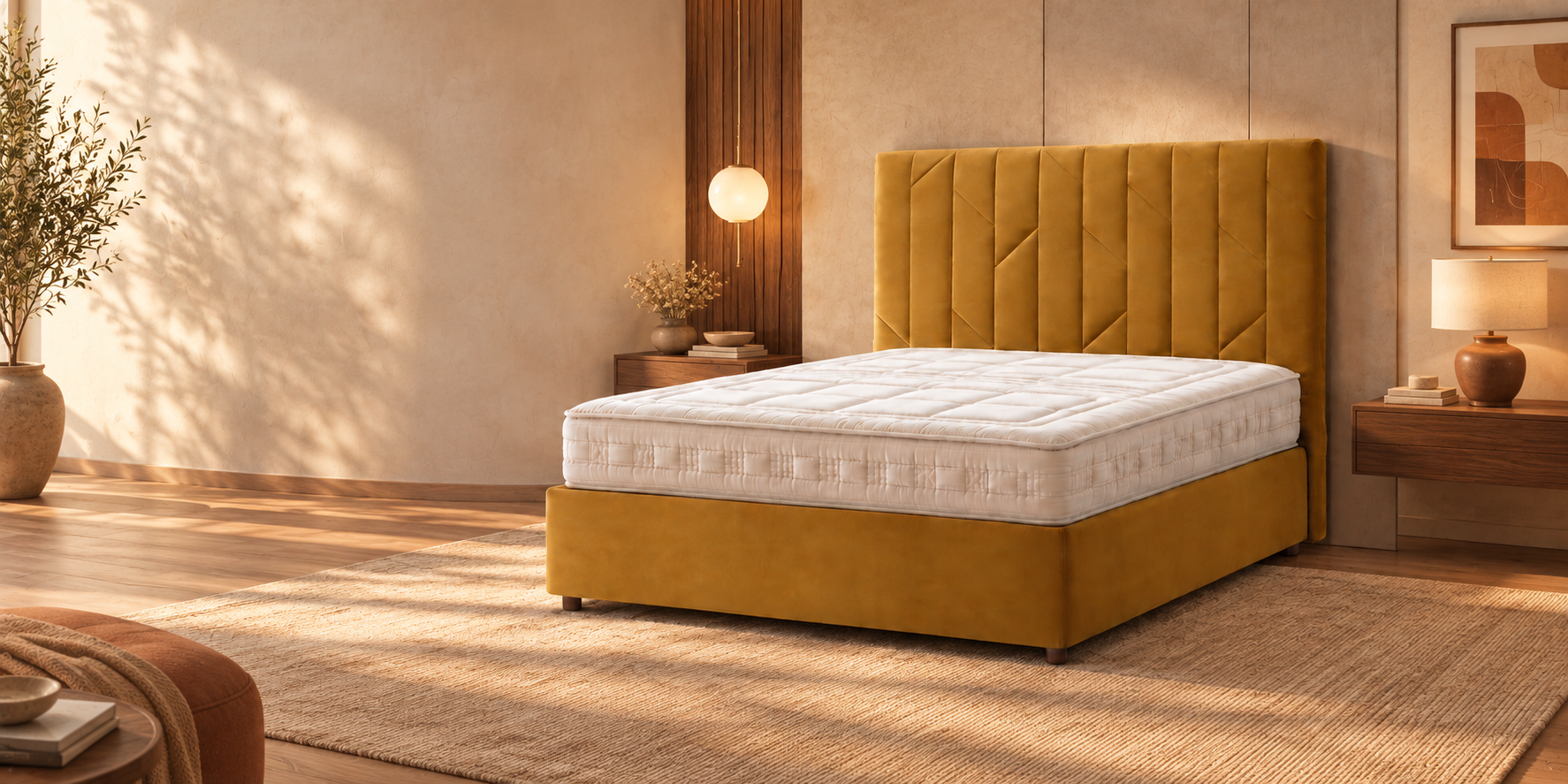 Letto Patricia e materasso Lino Lux in una camera dai colori caldi, collezione Cardone