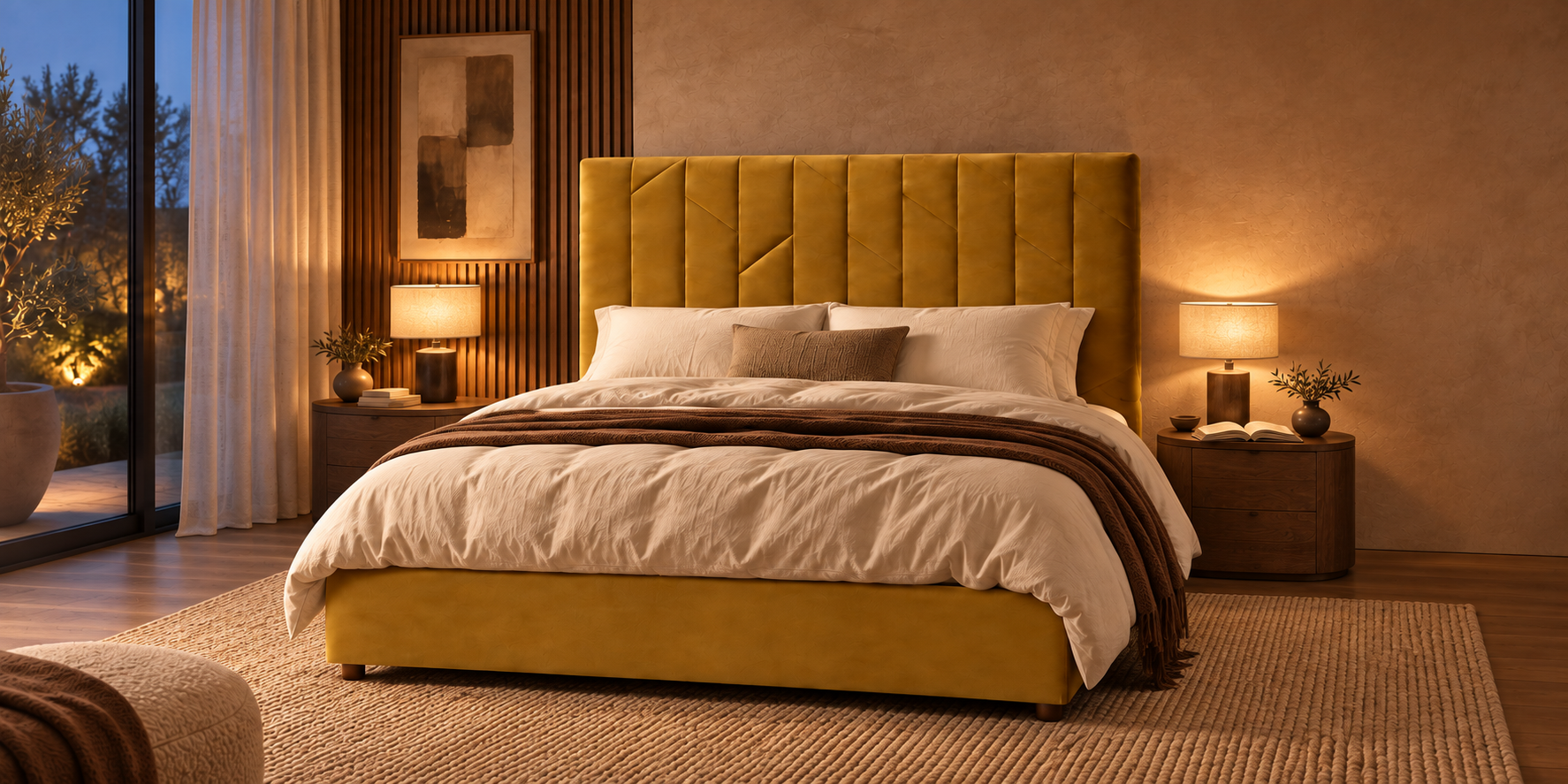 Letto Patricia centrato in una camera dai toni caldi con illuminazione serale