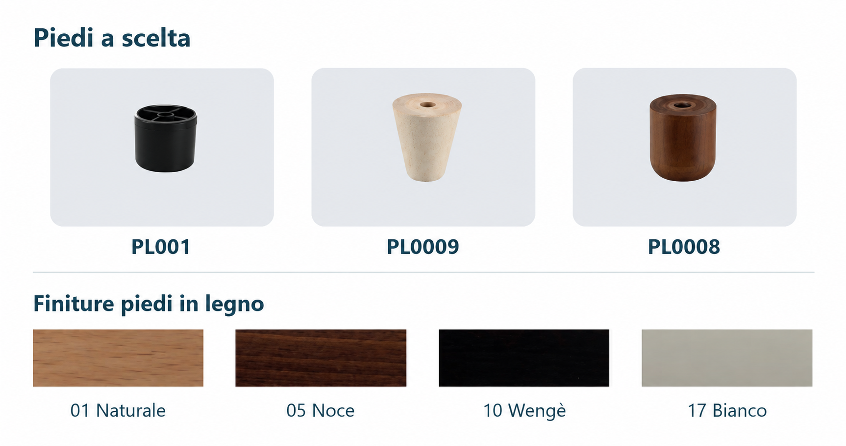 Piedi a scelta PL001, PL0009 e PL0008. Finiture per i piedi in legno: 01 Naturale, 05 Noce, 10 Wengè e 17 Bianco.