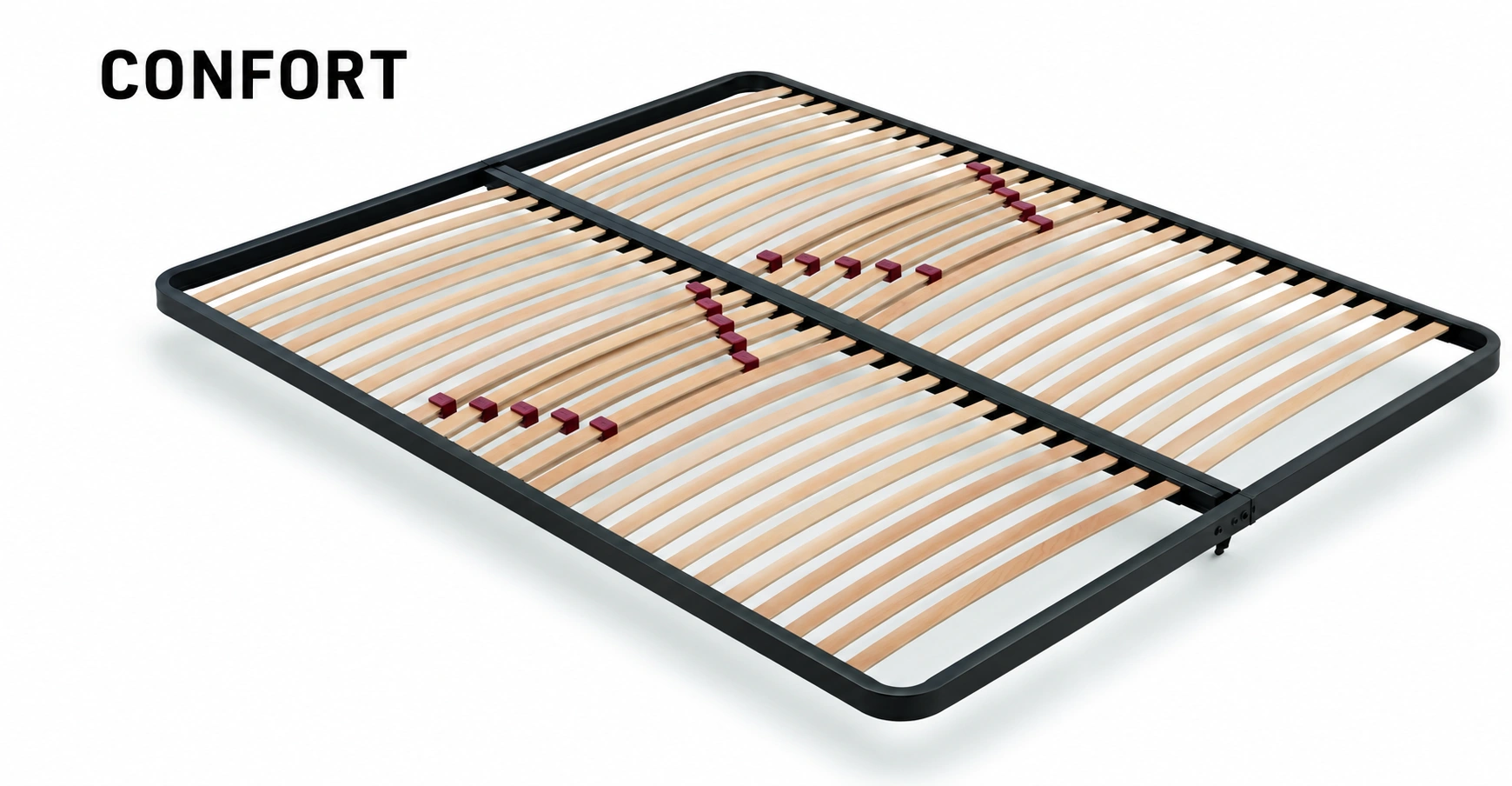 Confort bed base with double-cradle iron frame and firmness adjusters