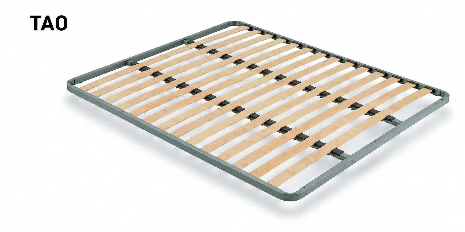 Tao bed base with iron frame, curved corners and wooden slats